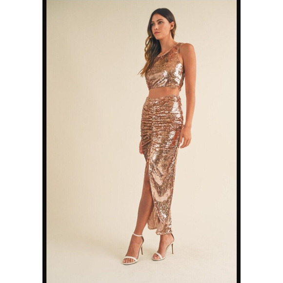 NWT Mable Mermaid Two Piece Rose Gold Sequin Gown Form Fit Prom Dress SMALL SM S - Picture 1 of 10